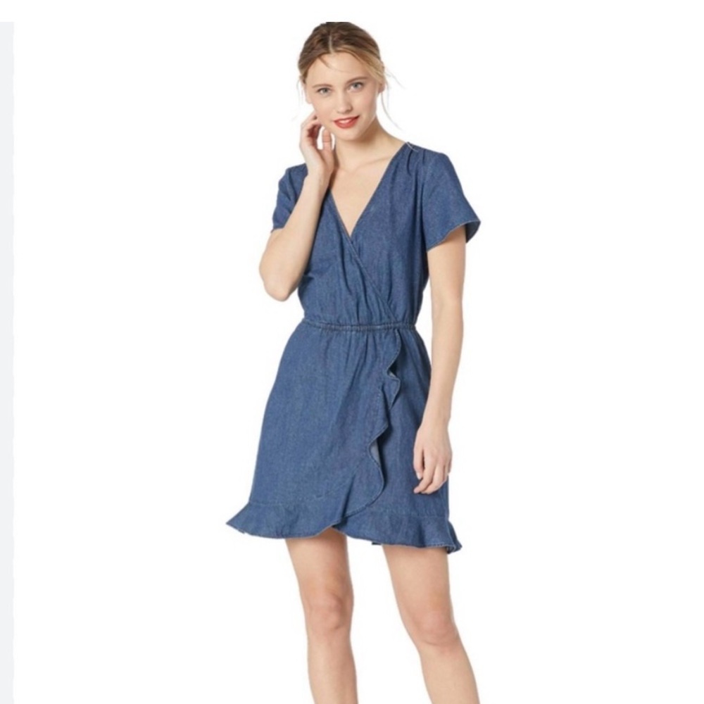 Denim Faux-Wrap Mini Dress with Ruffle Detail and Short Sleeves, fun & flirty